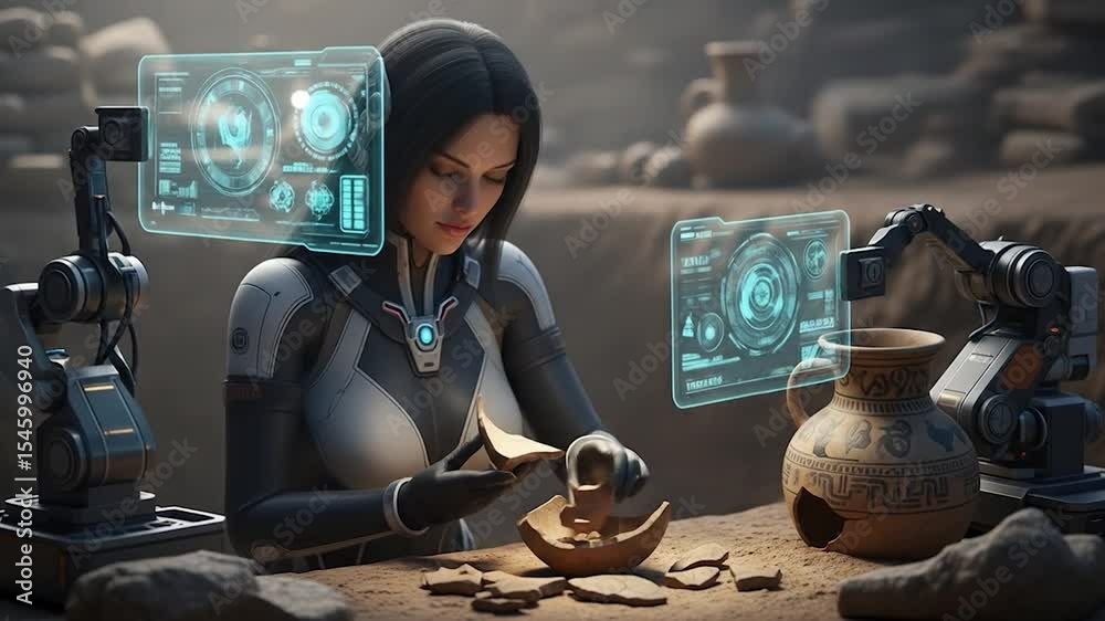 Futuristic Archeologist Reconstructing Ancient Pottery with Robotic Assistance and Holographic Displays