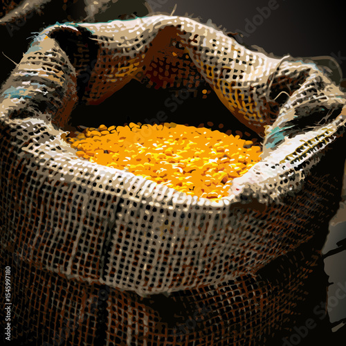 Yellow Lentils in Burlap Sack on Wooden Background

