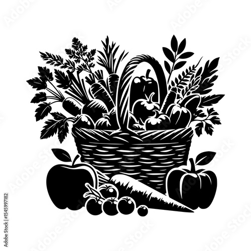 Black and white illustration of a basket of fresh vegetables and fruits