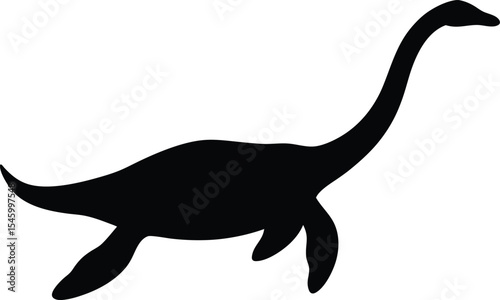 Paddle-Footed Plesiosaurus Silhouette: An Elegant Outline of the Long-Necked Marine Reptile Swimming, Evoking Ancient Aquatic Grace on a Clean White Canvas.