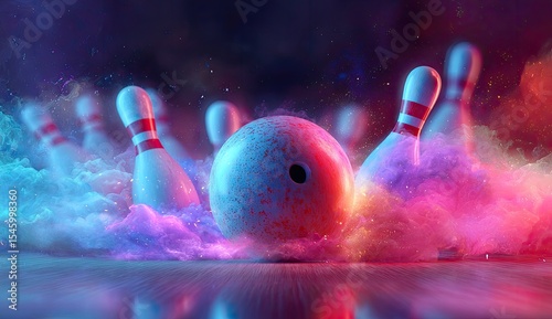 Wallpaper Mural A bowling ball strikes pins amidst vibrant pink and blue smoke, creating a dynamic, energetic scene Torontodigital.ca