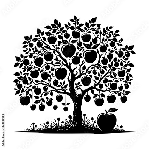 Black and white silhouette of an apple tree