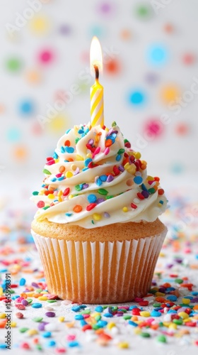 Festive cupcake with a lit candle surrounded by colorful sprinkles on a celebratory background