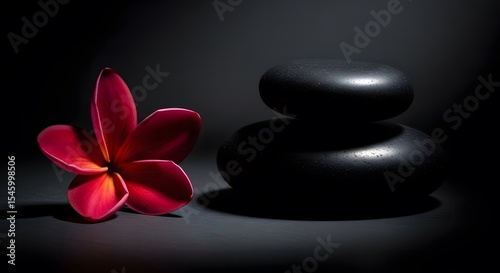 Serene Spa Still Life Red Plumeria Flower and Smooth Black Stones