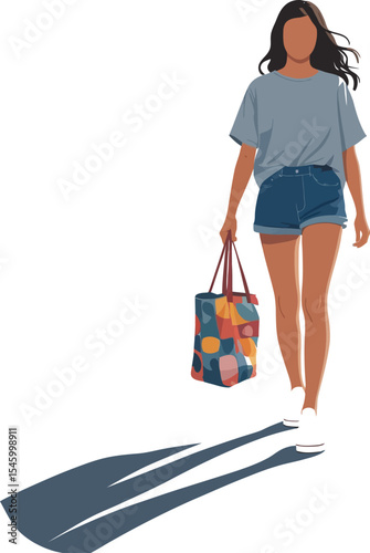 Woman walking outdoors carrying colorful tote bag, summer fashion