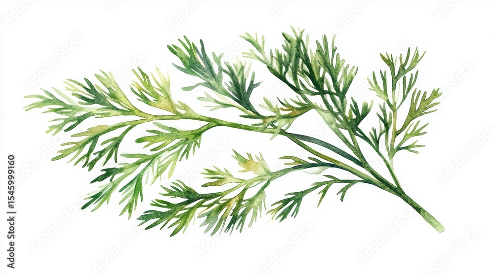 Illustration of watercolor dill, a fresh herb and culinary ingredient, set against a white background for use in recipes and food design as a form of botanical art Illustration of watercolor dill, a fresh herb and culinary ingredient, set against a white background for use in recipes and food design as a form of botanical art