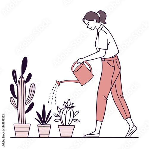 Nurturing Greens: A woman tenderly waters potted plants, embracing the joy of gardening and the beauty of botanical life.