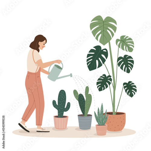 Nurturing Green Oasis: A woman tending to indoor plants with care, illustrating the joy of gardening and the beauty of nature.