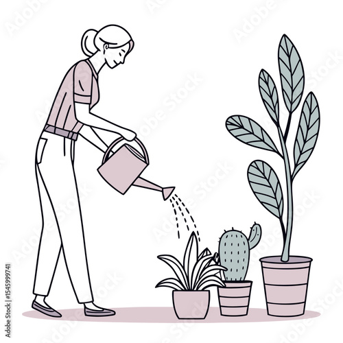 Nurturing Greenery: A person attentively waters indoor plants, fostering growth and life, creating a serene environment and appreciation for natural elements.