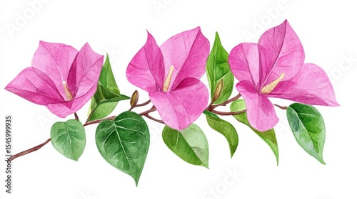 Elegant floral illustration featuring a watercolor bougainvillea branch with vibrant pink petals and delicate green leaves set against a white background
