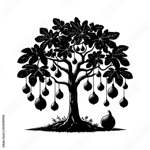 Black and white silhouette of a fig tree
