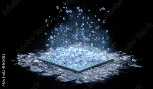 A square electronic component is heavily frosted, with ice crystals erupting upwards against a black background