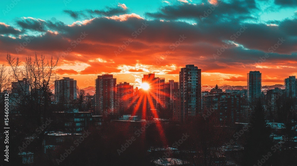 Fototapeta premium Vibrant Sunset Over Cityscape with Dramatic Clouds and Silhouettes