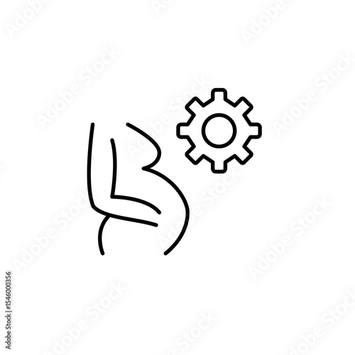 Pregnant woman and cogwheel. Prenatal care settings, maternity tracking app preferences, health monitoring configuration, personalized planning. Pixel perfect, editable stroke vector icon