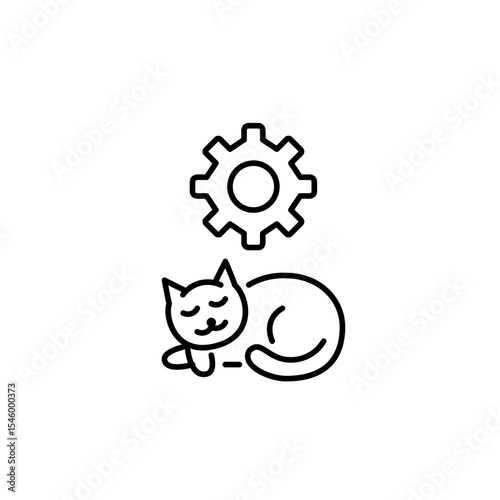 Sleeping cat and cogwheel. Automated pet care, smart pet monitoring, restful mode settings, sleep tracking configuration, pet environment control. Pixel perfect, editable stroke vector icon