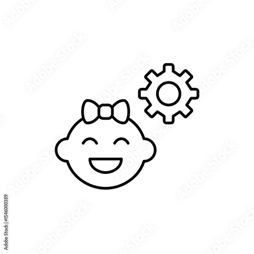 Smiling baby girl and cogwheel. Parental controls, child safety settings, baby monitoring configuration, age-restricted access, kid-friendly system setup. Pixel perfect, editable stroke vector icon
