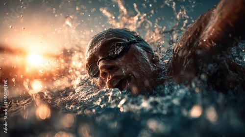 Man with goggles swimming freestyle in clear water at sunset.
