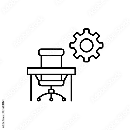 Office chair and desk, cogwheel. Workspace settings, office management, productivity tools configuration, desk organization system, professional environment control. Pixel perfect, editable stroke vec