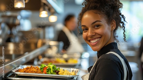 Smiling Worker in Cafeteria Serving Food