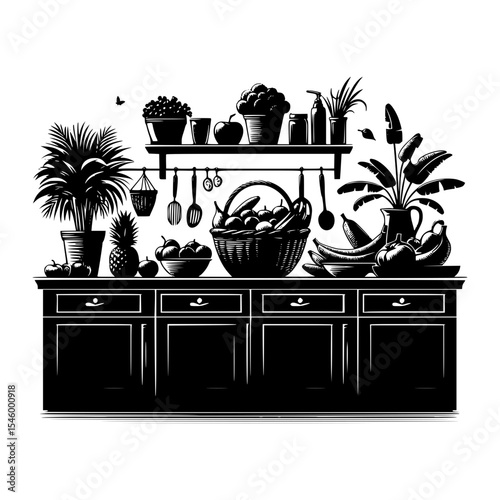 Black and white kitchen counter with fruit and plants