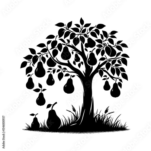 Black silhouette of a pear tree with fruit