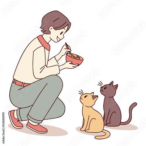 Serene Feline Feeding Time: An artistic depiction of a person tenderly feeding two curious cats, capturing a scene of companionship and care.