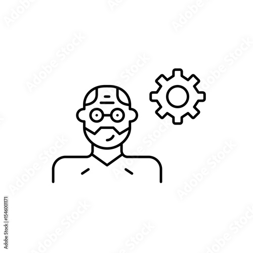 Middle aged man and cogwheel. User settings, profile customization, user preferences, account management, system configuration. Pixel perfect, editable stroke vector icon