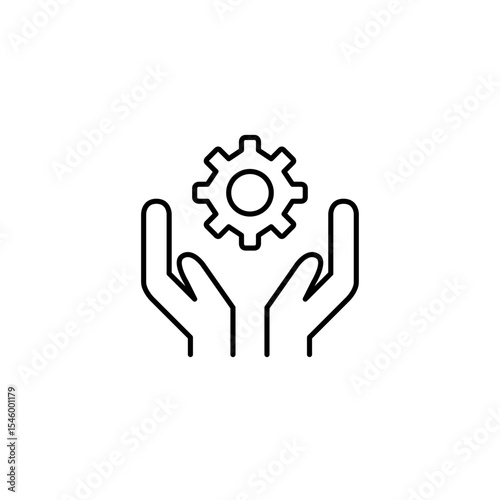 Hands and cogwheel. Manual control, user-driven settings, interactive configuration, hands-on adjustment, personalized setup. Pixel perfect, editable stroke vector icon