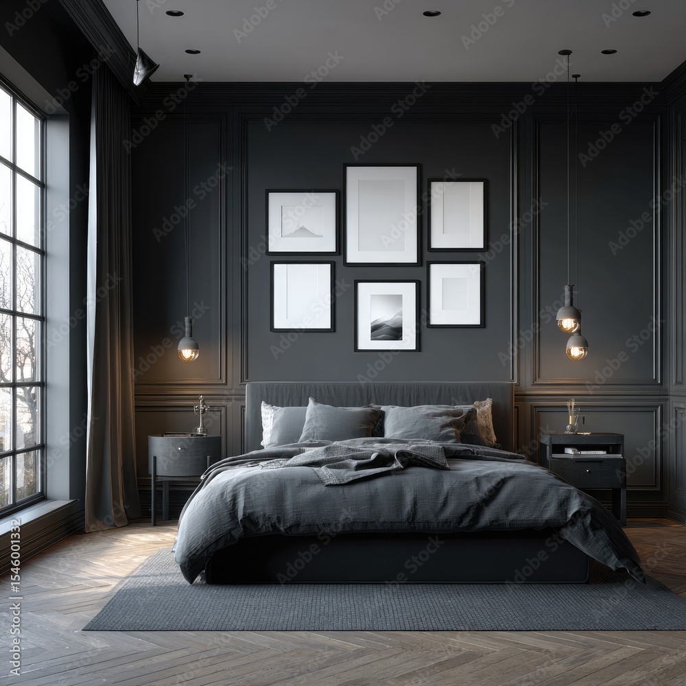custom made wallpaper toronto digitalDark, elegant bedroom with a large bed, dark wood floors, and a gallery wall featuring monochrome framed prints; natural light streams through a large window