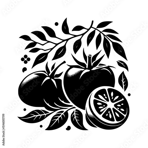 Black and white illustration of tomatoes and lemon slice