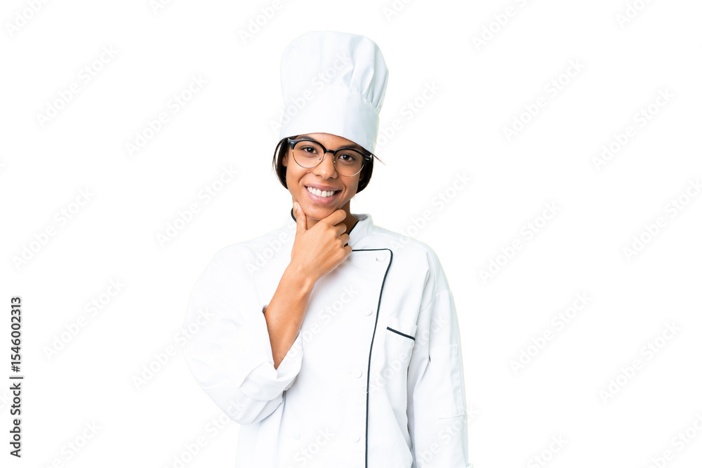 Young African American chef over isolated chroma key background with glasses and smiling Young African American chef over isolated chroma key background with glasses and smiling
