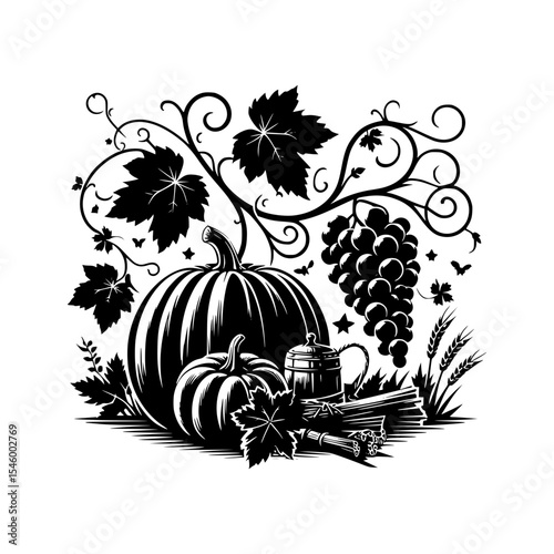 Autumn harvest pumpkins grapes wheat and vines