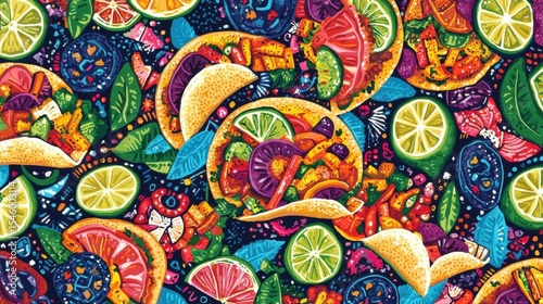 Colorful Abstract Illustration of Tacos with Fresh Ingredients and Citrus