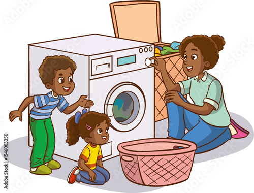 mother and children operating the washing machine. Cute little boy helping his mother doing laundry with washing machine