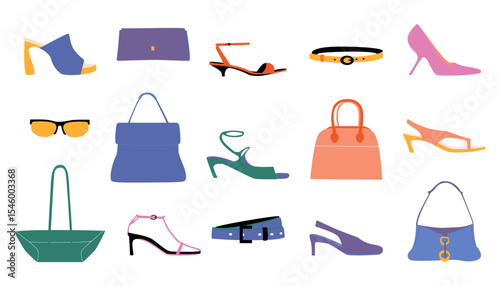 A selection of individual fashion items including shoes, bags, glasses and belts. All items are designed in a flat, cartoon style with vibrant colours.