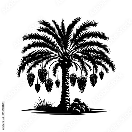 Silhouette of date palm tree with ripe dates