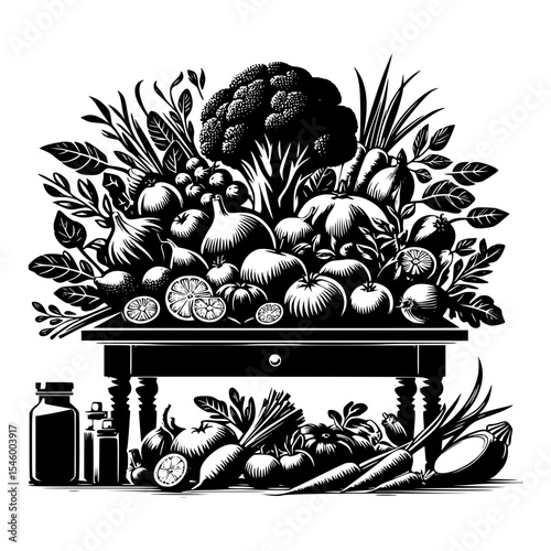 Abundant harvest of fruits and vegetables on table