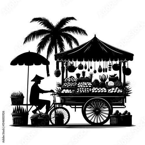 Tropical fruit vendor on bicycle cart silhouette