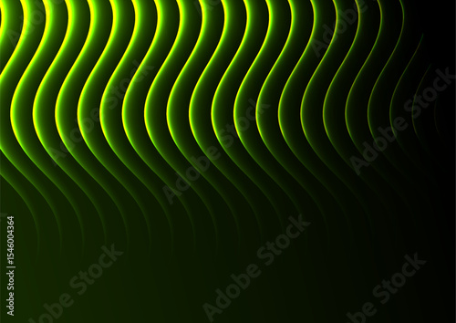 Glowing green neon wavy lines abstract tech background. Futuristic retro vector design