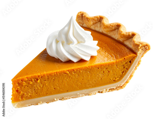 Side View of Pumpkin Pie Slice with Whipped Cream Topping and Crumbed Edges, Isolated PNG