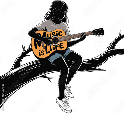 Silhouette of girl playing acoustic guitar on tree branch, music is life