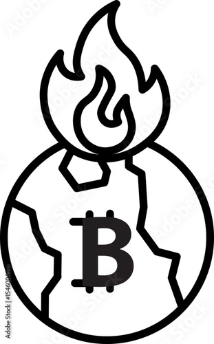 Burning bitcoin icon digital currency symbol with flame cryptocurrency meltdown financial crisis blockchain black outline vector illustration isolated dramatic concept