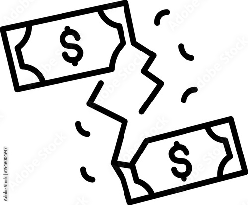 Broken money icon torn dollar bill financial loss economic crisis bankruptcy debt sadness black and white simple line art isolated vector illustration