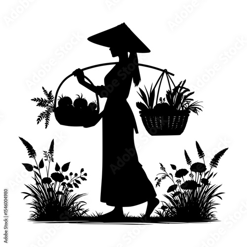 Silhouette of asian woman carrying baskets of produce