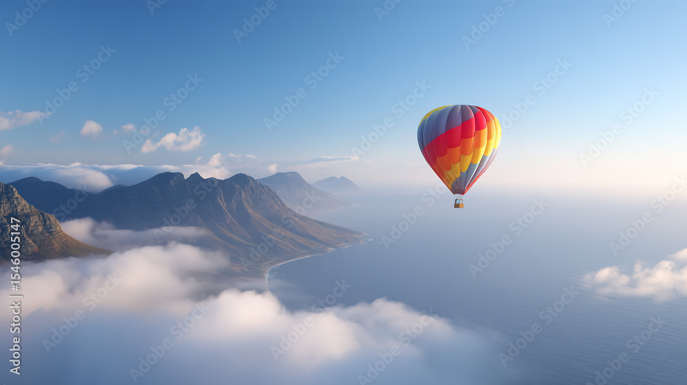 A colorful hot air balloon floating on a mountain lake natural scenery A colorful hot air balloon floating on a mountain lake natural scenery