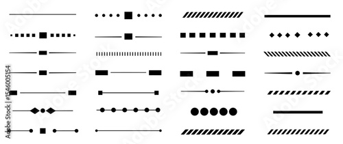 Collection of simple black lines and geometric shapes. This set includes various dotted lines, dashes, and solid lines perfect for design projects.