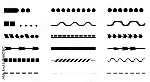 Collection of simple black lines and shapes. Design elements include dotted lines, straight lines, wavy lines, and geometric shapes. This graphic design resource is perfect for creating dividers,