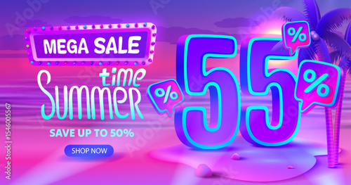 Summer time, sale offer 55 percentage, flyer party on the beach. Vector