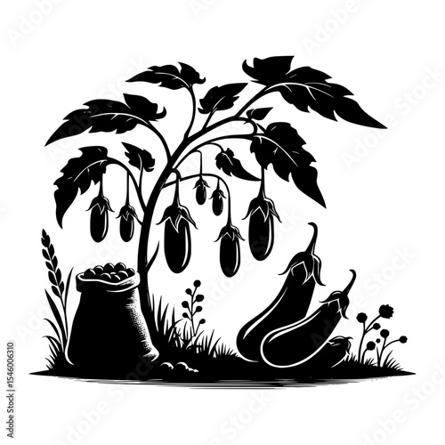Eggplant plant with sack of eggplants silhouette