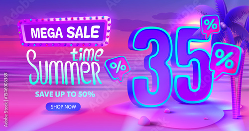 Summer time, sale offer 35 percentage, flyer party on the beach. Vector
